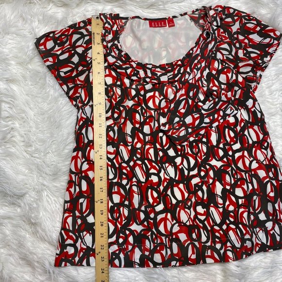 Elle Women's Abstract Print Pleated Neckline Short Sleeve Top Red Black Size S - Picture 10 of 11